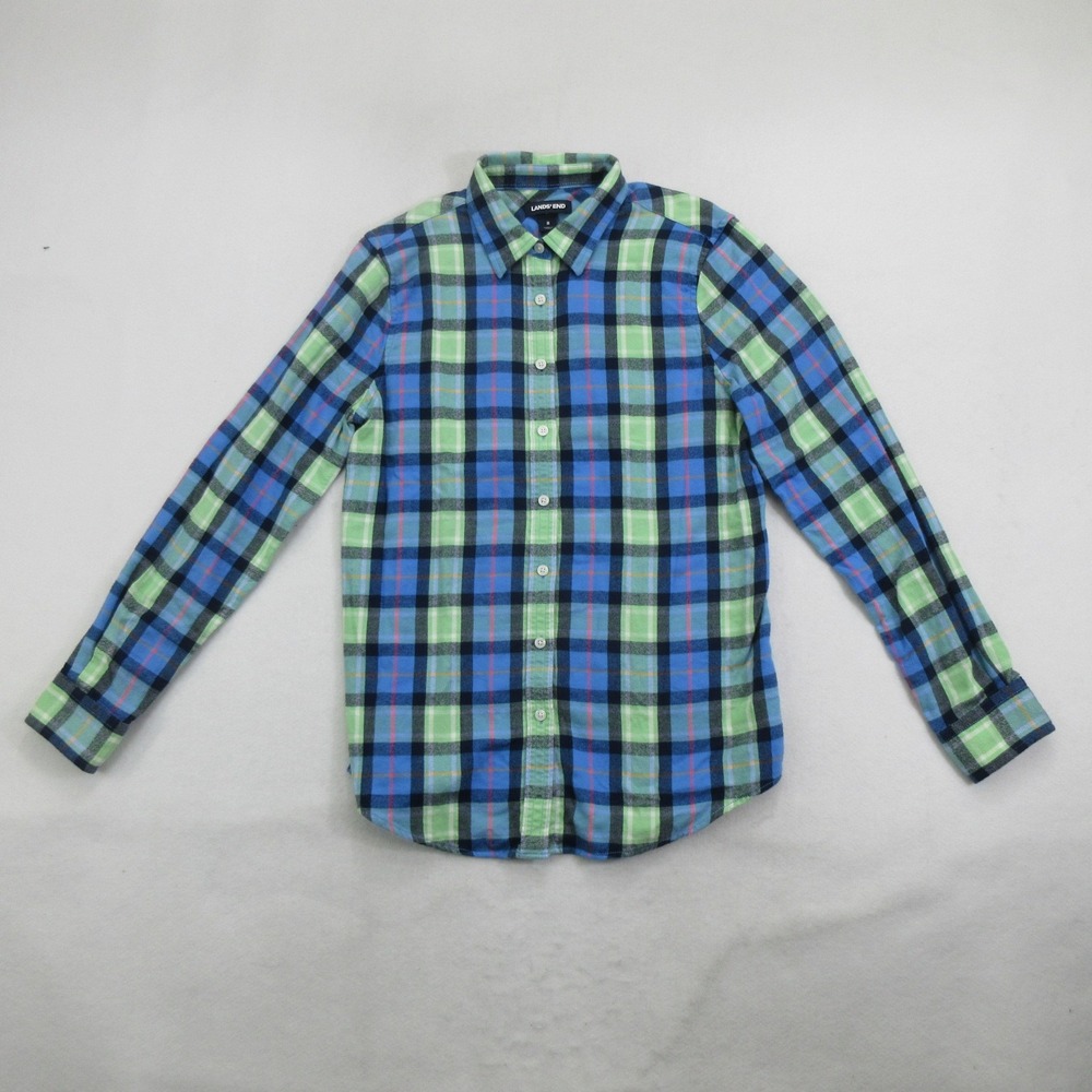 Lands' End Women Button-Up Shirt Size 8 Blue Green Plaid Cotton Flannel